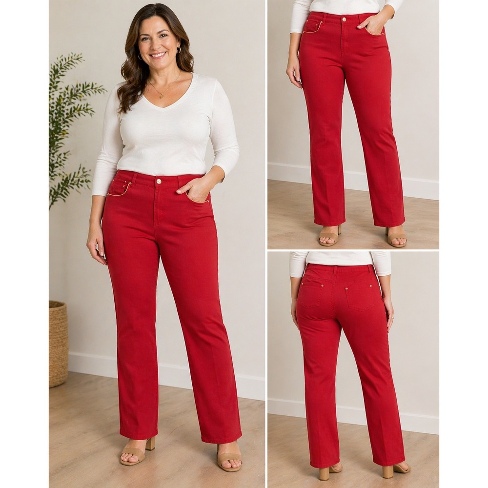 DG2 Diane Gilman Red Jeans Womens 16P Petite Stretch Denim Straight Leg Mid Rise